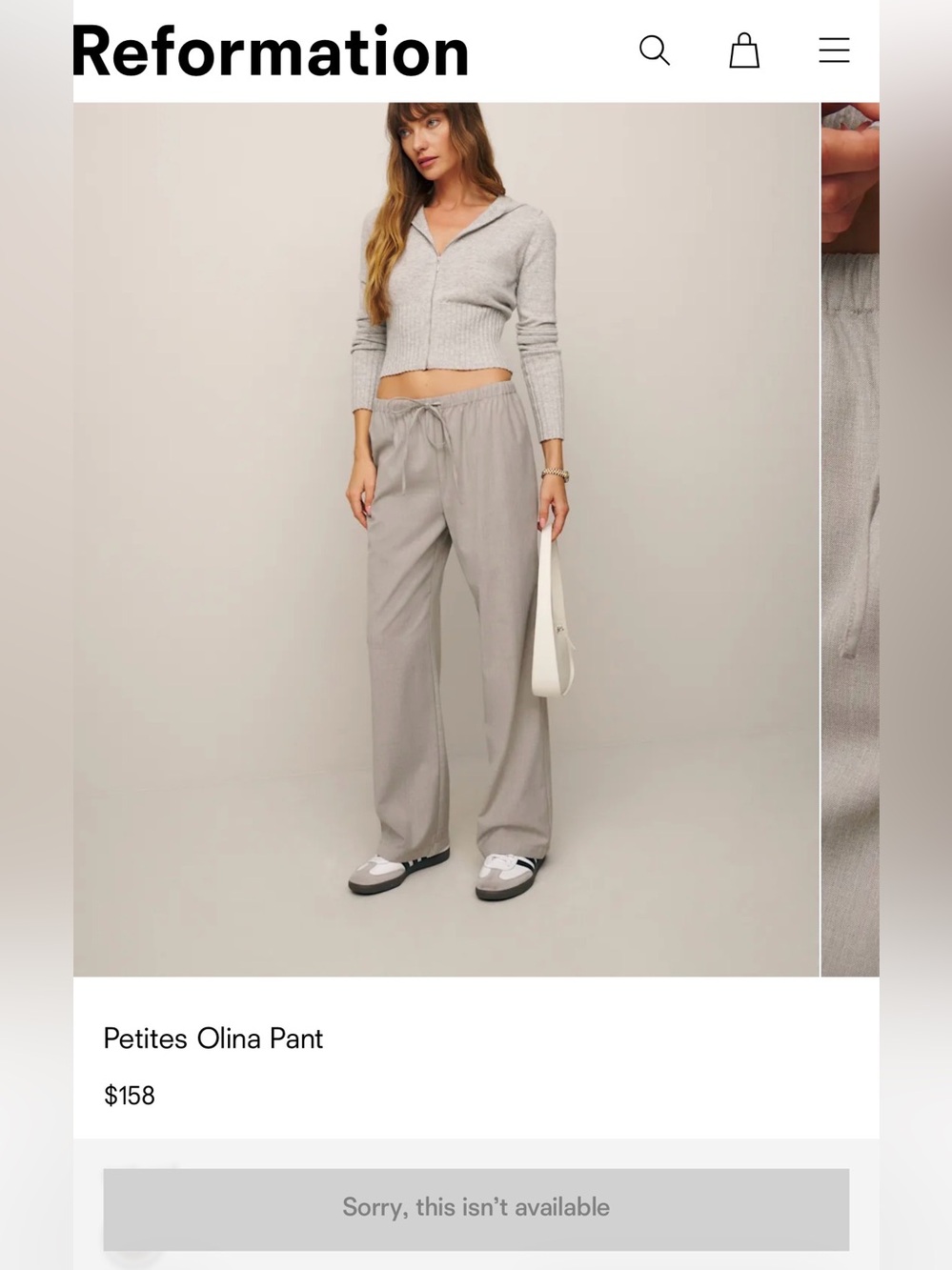 Reformation Olina Pant XSP Petite Natural Wool Blend Wide Leg Drawstring Pants - Picture 4 of 10